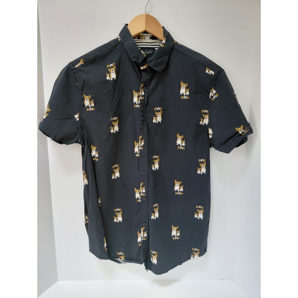 Denim & Flower Ricky Singh Mens Small Black Corgi Dad Dog Print Button Shirt